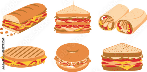 Flat vector set of 6 sandwich types submarine sandwich club sandwich wrap panini and bagel sandwich
