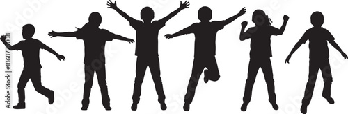 Set of joyful kids silhouettes in active poses, happy children jumping, running, and celebrating with arms raised for lifestyle design and school playground rendering.