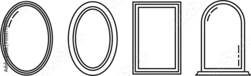 Line art vector set of 4 mirror frame shapes round oval rectangular and arched mirror frames