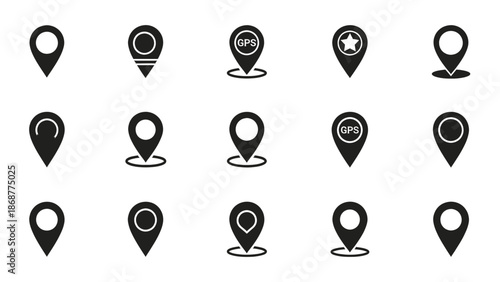 Map pin and location icons for navigation and website design, minimalist vector symbols