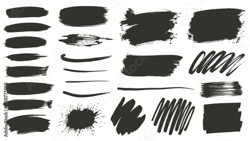 Black brush strokes and lines for graphic design and digital art, vector illustration