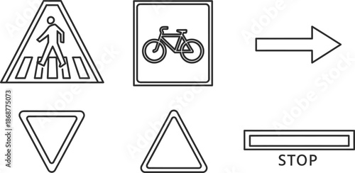 Line art vector set of 4 road marking symbols pedestrian crossing bicycle lane arrow yield triangle and stop line