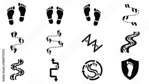 Footprint trail icons for tracking and navigation, vector symbols