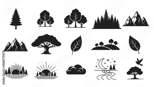 Nature icons set, trees, mountains, leaves, landscape symbols for ecology and conservation