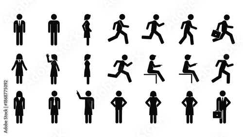 People icons for business and sports, black silhouette set