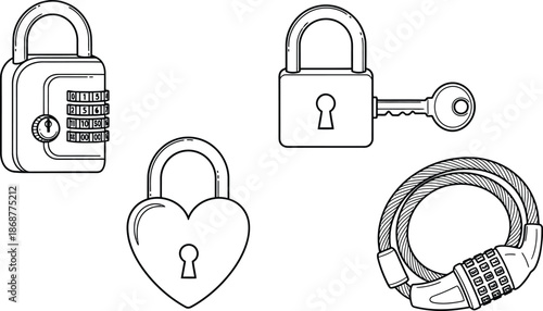 Outline illustration set of 4 padlock types combination lock keyed padlock heart lock and bike lock