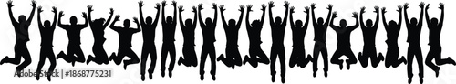 Group of people jumping silhouette, happy crowd celebration, success and freedom concept, teamwork, joy, unity, energetic lifestyle illustration