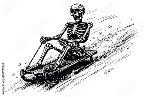 Hand drawn line art illustration of a skeleton on a sled depicting an exhilarating downhill ride for winter fun
