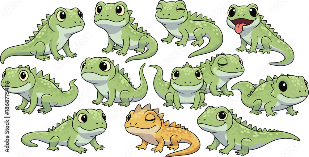 Naklejka premium A group of cute green cartoon lizards with one orange lizard isolated on white background, showcasing a variety of expressions and poses