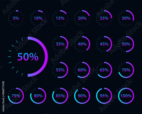 Circular percentage progress indicators vector set with glowing gradient rings from 5 to 100 percent, modern UI loading charts for dashboard, analytics, download upload interface