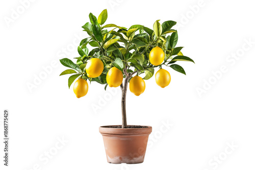 Small Lemon Tree with Ripe Fruit in Pot Isolated on Transparent Background