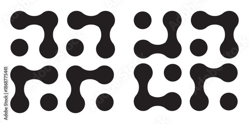 Set of black metaballs, molecules, cells, DNA, neurons on white background. Set of connected dots elements isolated on white background. Vector illustration