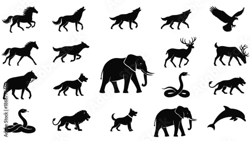 Black animal silhouettes set for design and icons, wildlife symbols