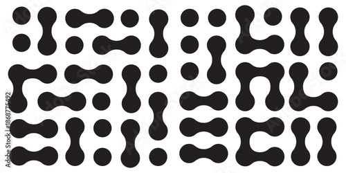 Metaball geometric pattern set of abstract rounded shapes - black minimalist squares with flowing organic connections and circular elements. Modern design compositions for digital backgrounds.