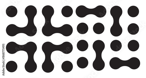 Metaball geometric pattern set of abstract rounded shapes - black minimalist squares with flowing organic connections and circular elements. Modern design compositions for digital backgrounds.