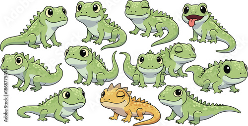 A group of cute green cartoon lizards with one orange lizard isolated on white background, showcasing a variety of expressions and poses