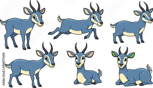 Collection of six adorable blue duiker illustrations isolated on white background, showcasing various poses and expressions of this charming antelope species