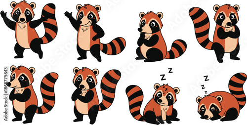 Collection of adorable raccoon dog illustrations in various poses isolated on white background, showcasing their playful and endearing nature
