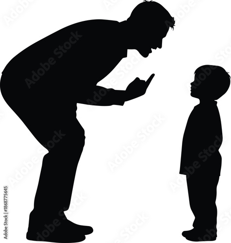 Parent scolding child silhouette, family discipline concept, father teaching lesson, childhood behavior guidance, authority and education illustration