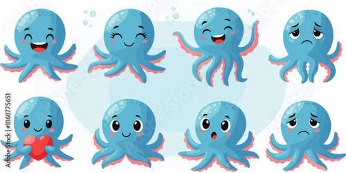 Set of cute blue octopus with different emotions isolated on white background happy, sad, surprised, in love, laughing, smiling, and playful octopuses
