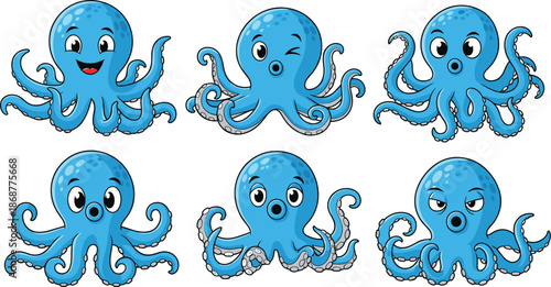 A set of six adorable blue cartoon octopuses with various expressions, isolated on white background, showcasing their playful and charming personalities