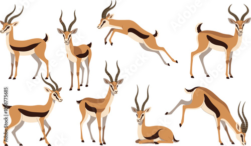 Collection of gazelles in various poses isolated on white background graceful antelopes with slender bodies and impressive horns in dynamic action