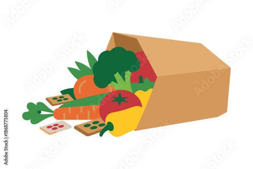 A brown paper bag overflowing with fresh vegetables and healthy snacks on a white background