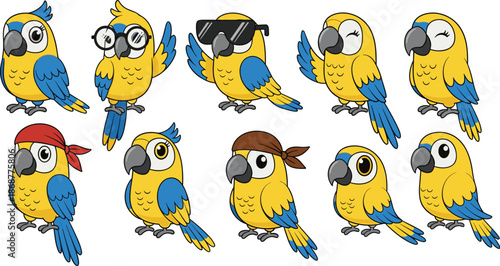 A collection of adorable cartoon macaw parrots, each with unique accessories and expressions, isolated on white background perfect for childrens books