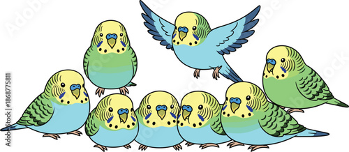 A charming flock of budgies, each a delightful mix of blue, green, and yellow, gathers together, creating a vibrant and cheerful scene isolated on white background
