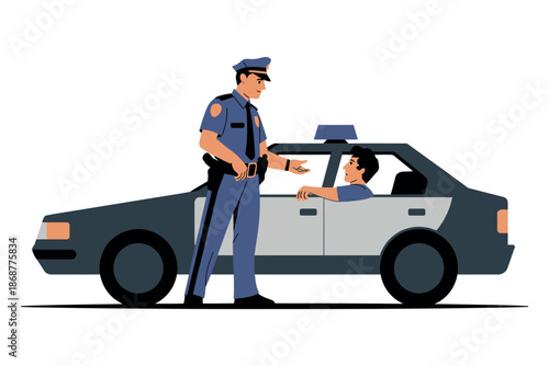 A police officer is giving a ticket to a driver who is sitting in a car