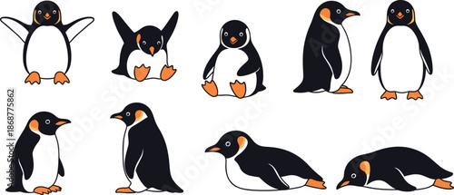 Collection of adorable emperor penguin chicks isolated on white background, showcasing various poses and expressions in a charming and playful manner