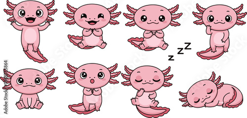 Collection of adorable pink axolotl characters in various poses, isolated on white background perfect for childrens books, stickers, and educational materials