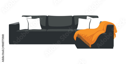 A modern black sectional sofa with white pillows and an orange throw blanket on a clean white background