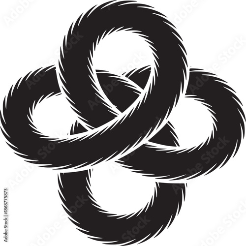 Abstract black and white depiction of interwoven torus shapes forming a complex geometric design