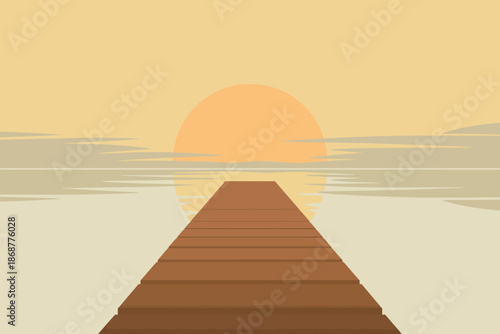 A serene wooden dock extends into calm waters at sunset