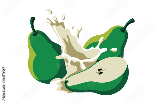A vibrant illustration of green pears with juice splashing out
