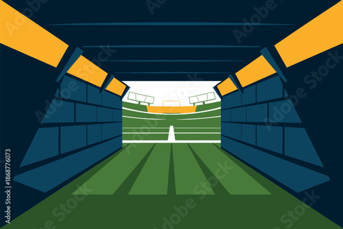 A vibrant illustration of a green sports field with blue brick walls and yellow accents in a modern stadium