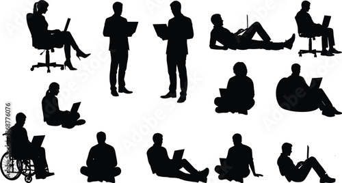 People working on laptop silhouette set, remote work lifestyle, business professionals, technology usage, modern freelance workspace illustration