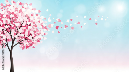 Pink heart-shaped blossoms on tree with blue background in spring  