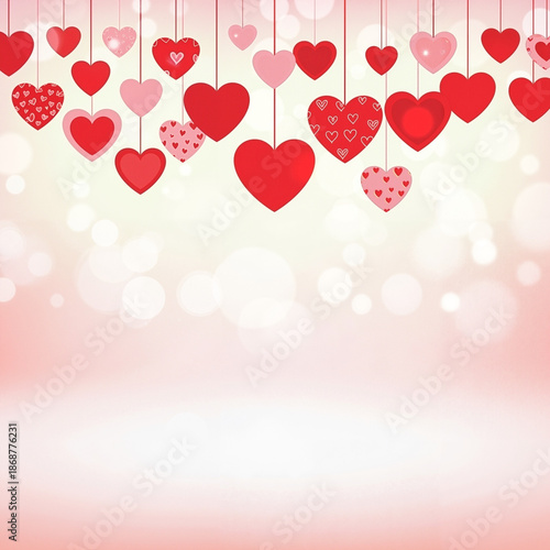 Colorful hearts hanging on strings with soft pink background  