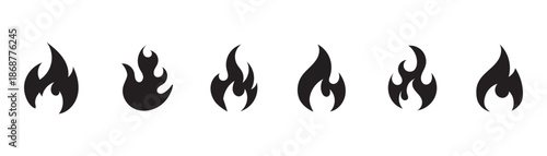 Set of black fire flame vector icons. Simple flat burning fire silhouette collection. Hot energy symbol for graphic design. Blaze pictogram illustration isolated. 