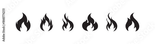 Set of black fire flame vector icons. Simple flat burning fire silhouette collection. Hot energy symbol for graphic design. Blaze pictogram illustration isolated. 