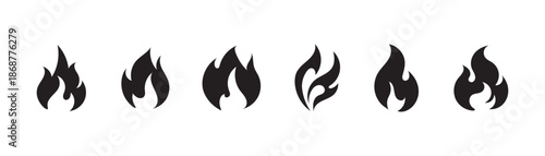 Set of black fire flame vector icons. Simple flat burning fire silhouette collection. Hot energy symbol for graphic design. Blaze pictogram illustration isolated. 