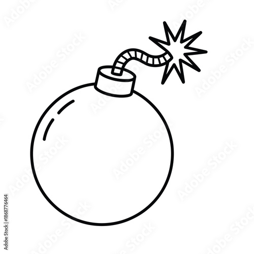 Black and white outline drawing of a classic round bomb with a lit fuse sparking, symbolizing danger or an impending event.