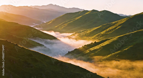 Majestic rolling green mountain ranges are bathed in the warm golden light of sunrise creating ethereal fog and mist filling the deep valleys below creating a peaceful natural landscape scene.