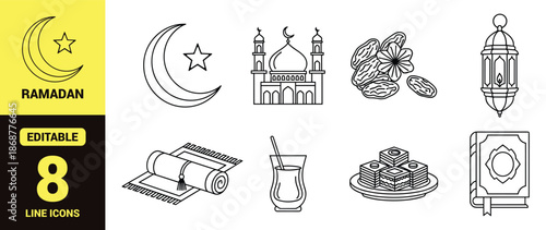 Black line icon set for Ramadan and Islamic culture featuring mosque, crescent moon, prayer, food, charity, and celebration