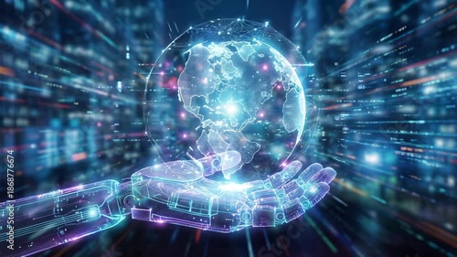 Robot Hand Digital Earth Hologram Artificial Intelligence Technology Video Concept