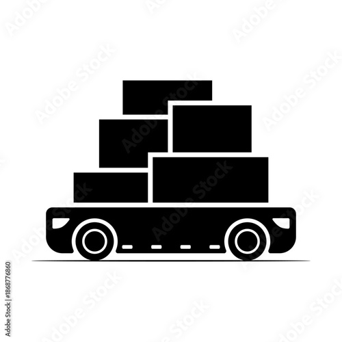 A robotic warehouse trolley with boxes. Black silhouette. Side view. Vector simple flat graphic illustration. Isolated object on a white background.