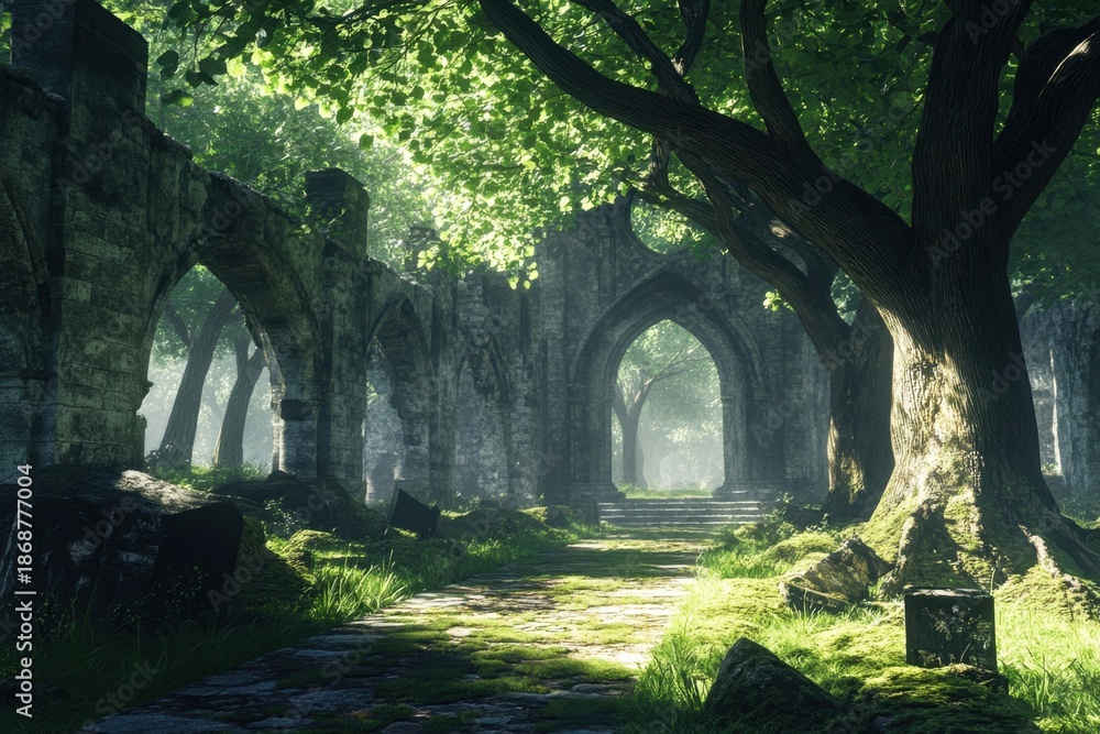 Fototapeta premium Explore the enchanting ruins surrounded by lush greenery and ancient trees