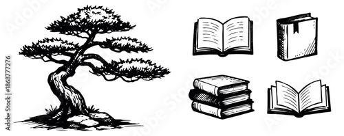 Line art element set featuring a bonsai tree and multiple books for educational and natural concepts
